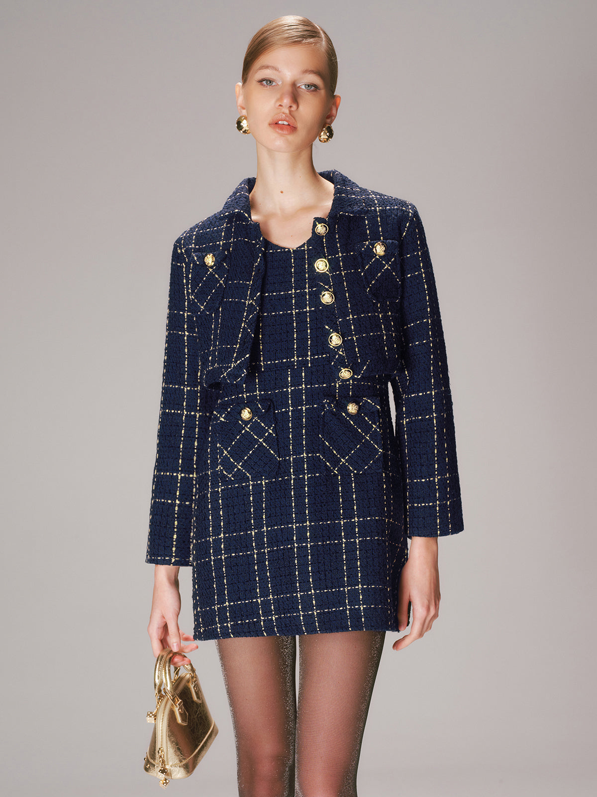 Dames Chique Tweed Set met Korte Blazer en Mini Jurk