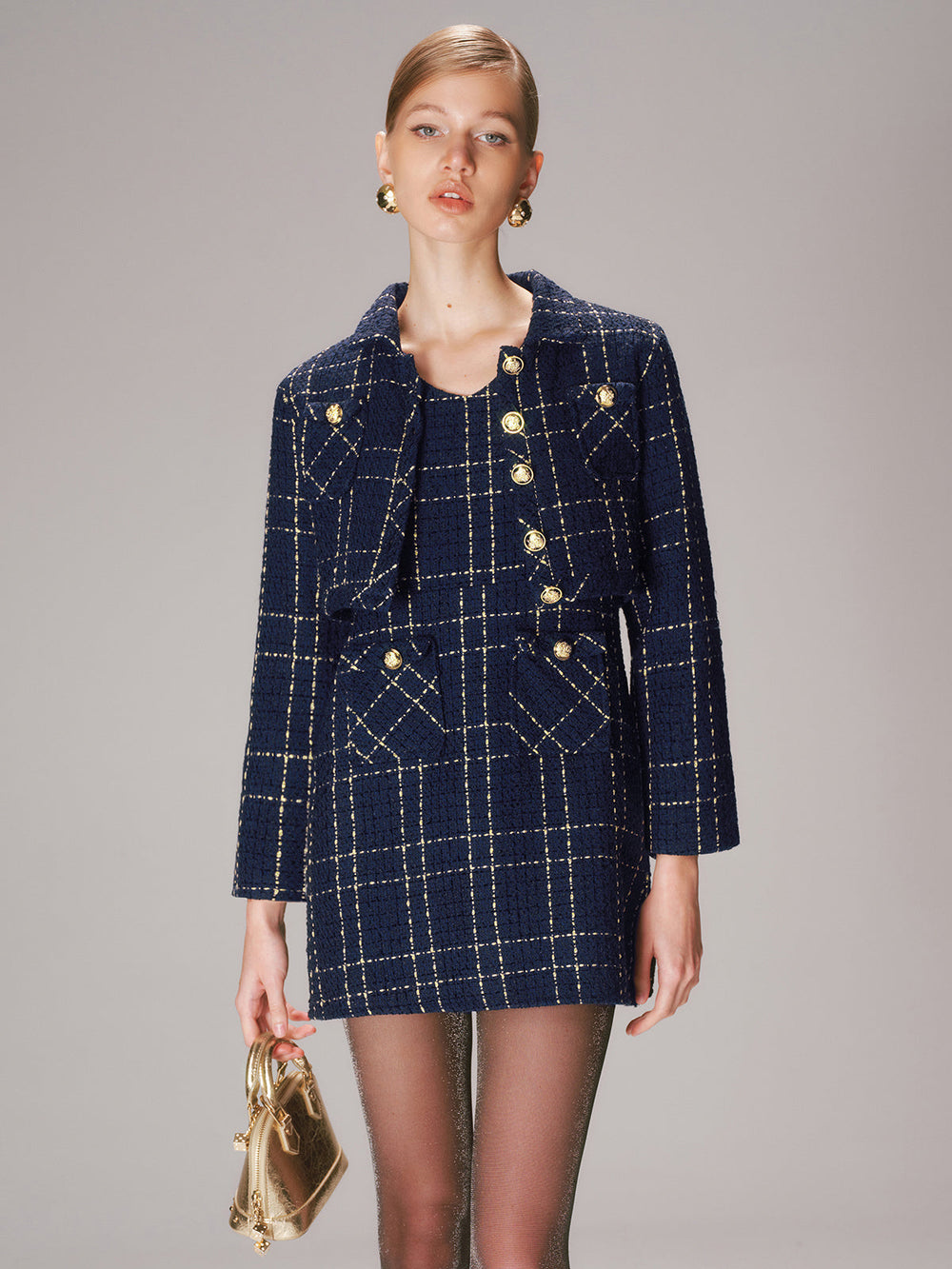 Dames Chique Tweed Set met Korte Blazer en Mini Jurk