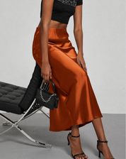 A-Line Satin Look Midi Skirt for Women with Slit and High Waist