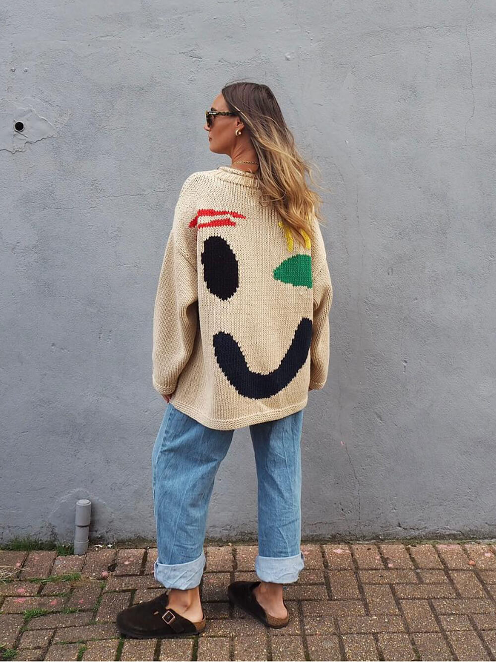 Dames Gebreide Wintertrui met Smiley Print Oversized Pullover