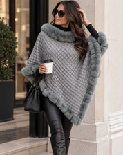 Stylish Warm Poncho Sweater For Women With Faux Fur Collar