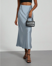 Elegant Satin Look Midi Skirt with High Waist and Smooth Drape