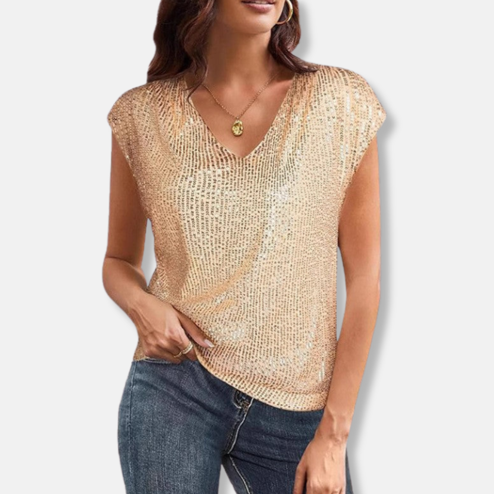 Top à paillettes scintillantes avec col en V pour femmes