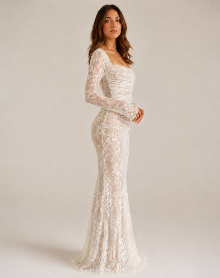 Robe de soirée maxi en dentelle pour femmes avec manches longues et silhouette élégante