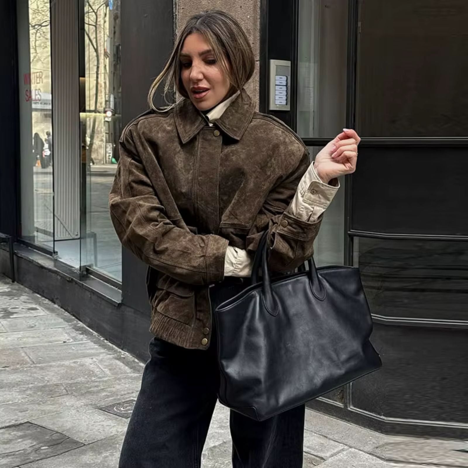 Manteau oversize en suède pour femme, élégant, avec col et fermeture à boutons-pression