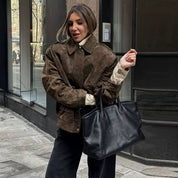 Manteau oversize en suède pour femme, élégant, avec col et fermeture à boutons-pression