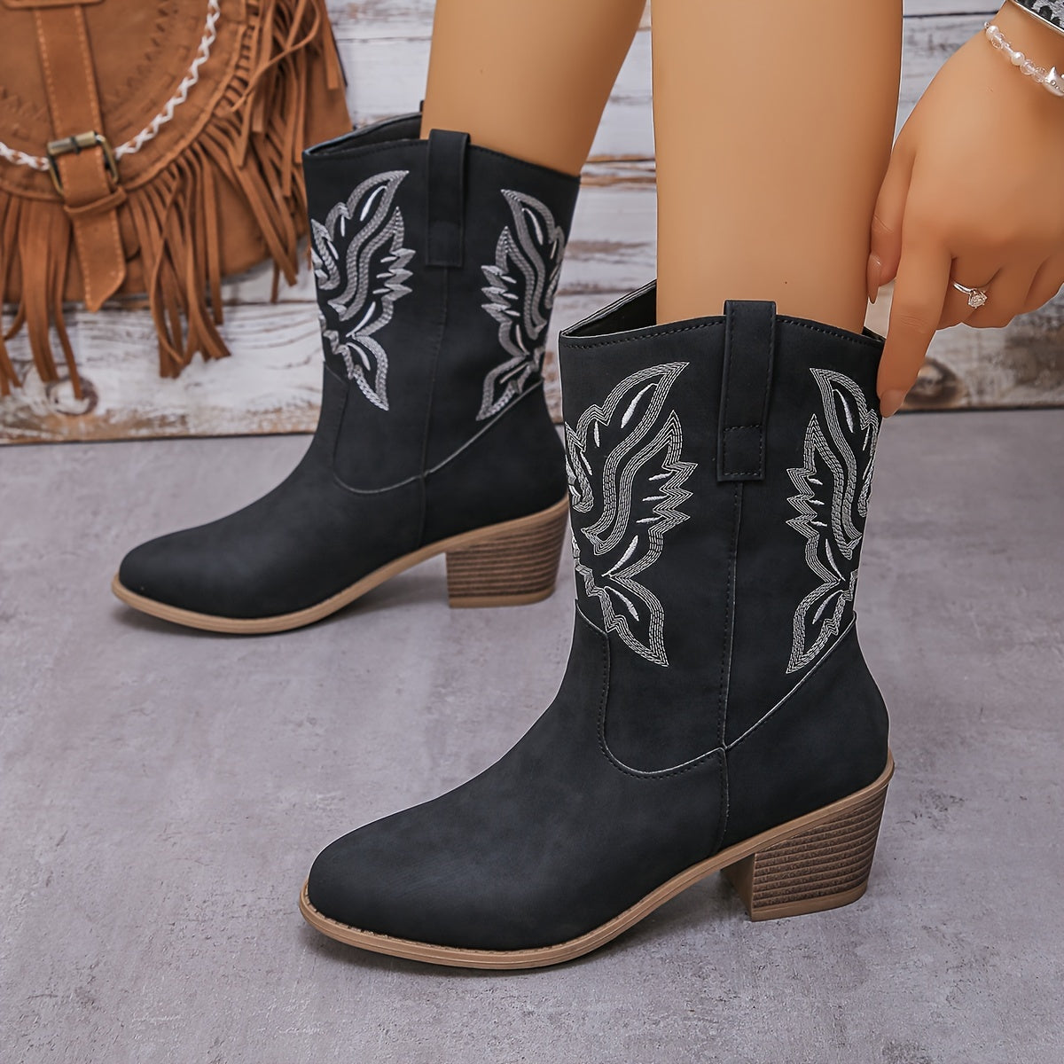 Zwarte Vintage Dames Cowboylaarzen Met Stiksels