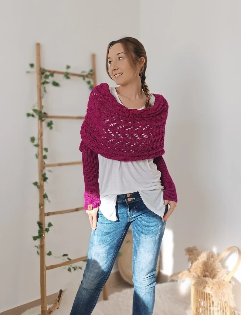 Dames Warme Gebreide Opengewerkte Cape Wintersjaal Met Mouwen