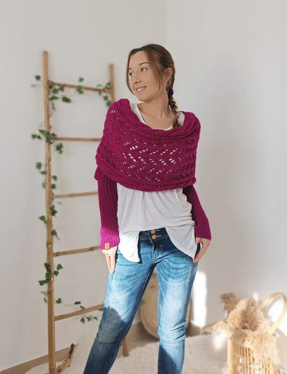 Dames Warme Gebreide Opengewerkte Cape Wintersjaal Met Mouwen