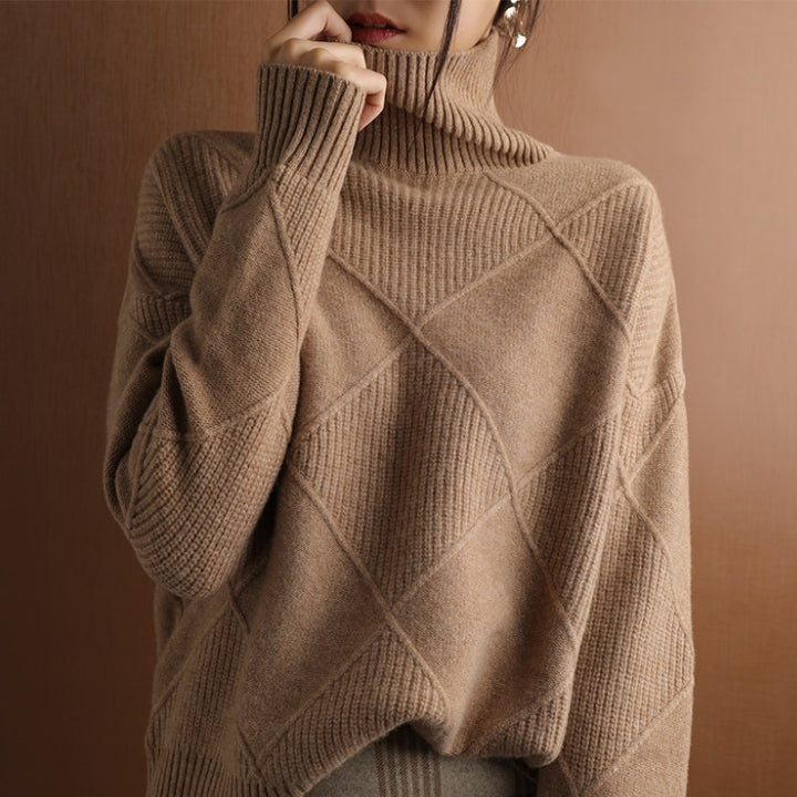 Col roulé tricoté d'automne avec motif à carreaux Chaud et doux pour femmes