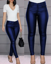 Dames Vrouwelijke Skinny Broek in Leerlook met Stretch en Zakken