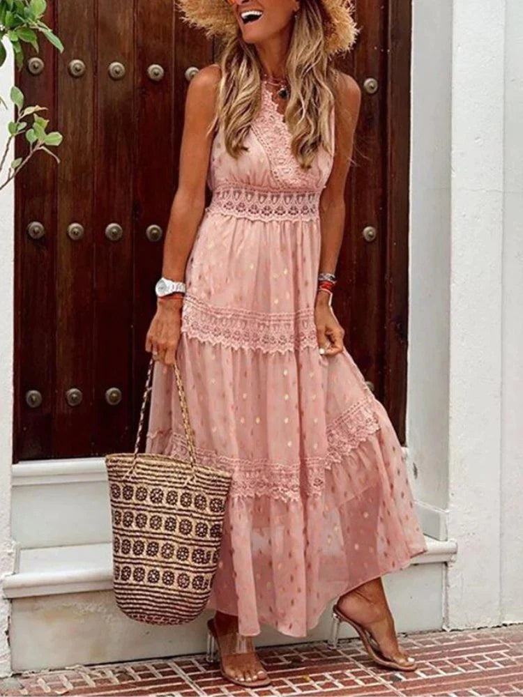 Kaia - Mouwloze Bohemian Dames Maxi Jurk met Kant