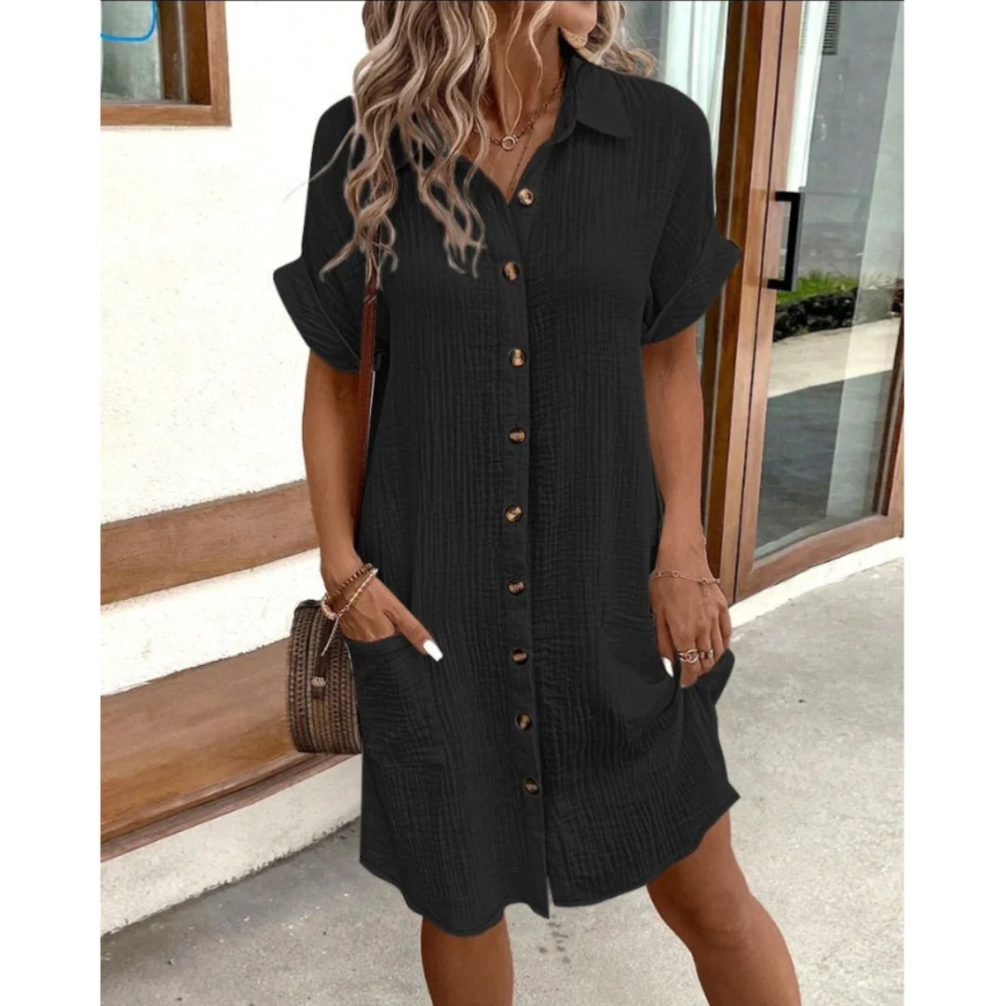 Light Shirt Dress with Buttons and Pockets for Women