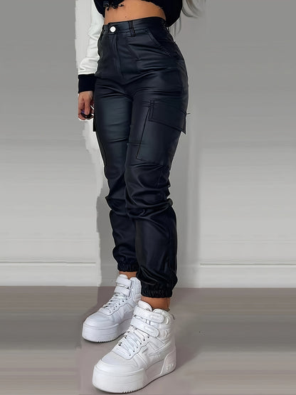Trendy Hoge Taille Cargo Broek Voor Vrouwen Met Leerlook En Elastische Band