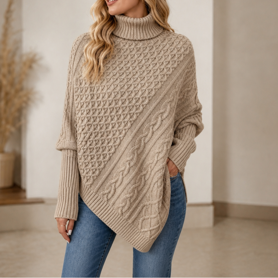 Dames Knusse Kabelgebreide Poncho Trui met Ruime Mouwen