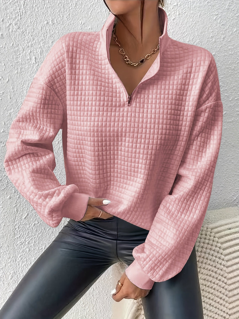 Dames Casual Sweater met Kwartrits en Wafelstructuur