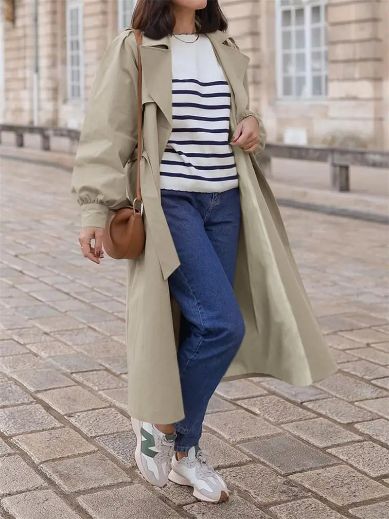 Waterdichte Maxi Trenchcoat Voor Dames Met Ceintuur En Ballonmouwen