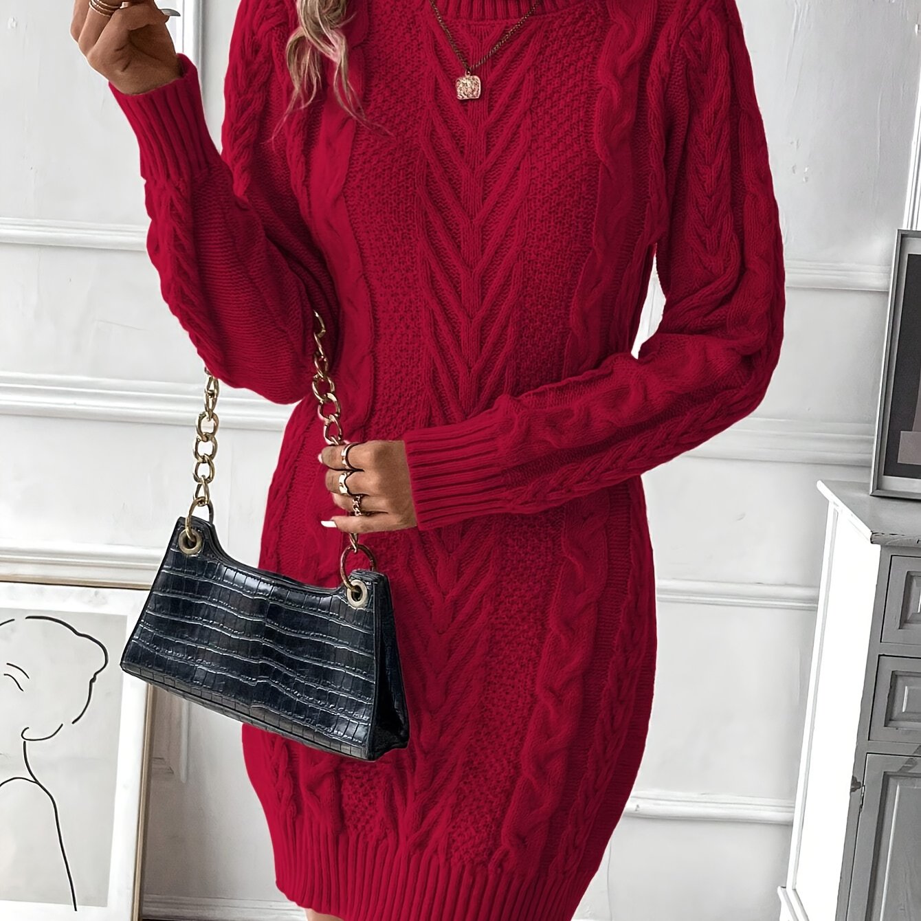 Chique Col Mini Sweaterjurk Voor Vrouwen Met Kabelpatroon