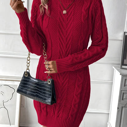 Chique Col Mini Sweaterjurk Voor Vrouwen Met Kabelpatroon