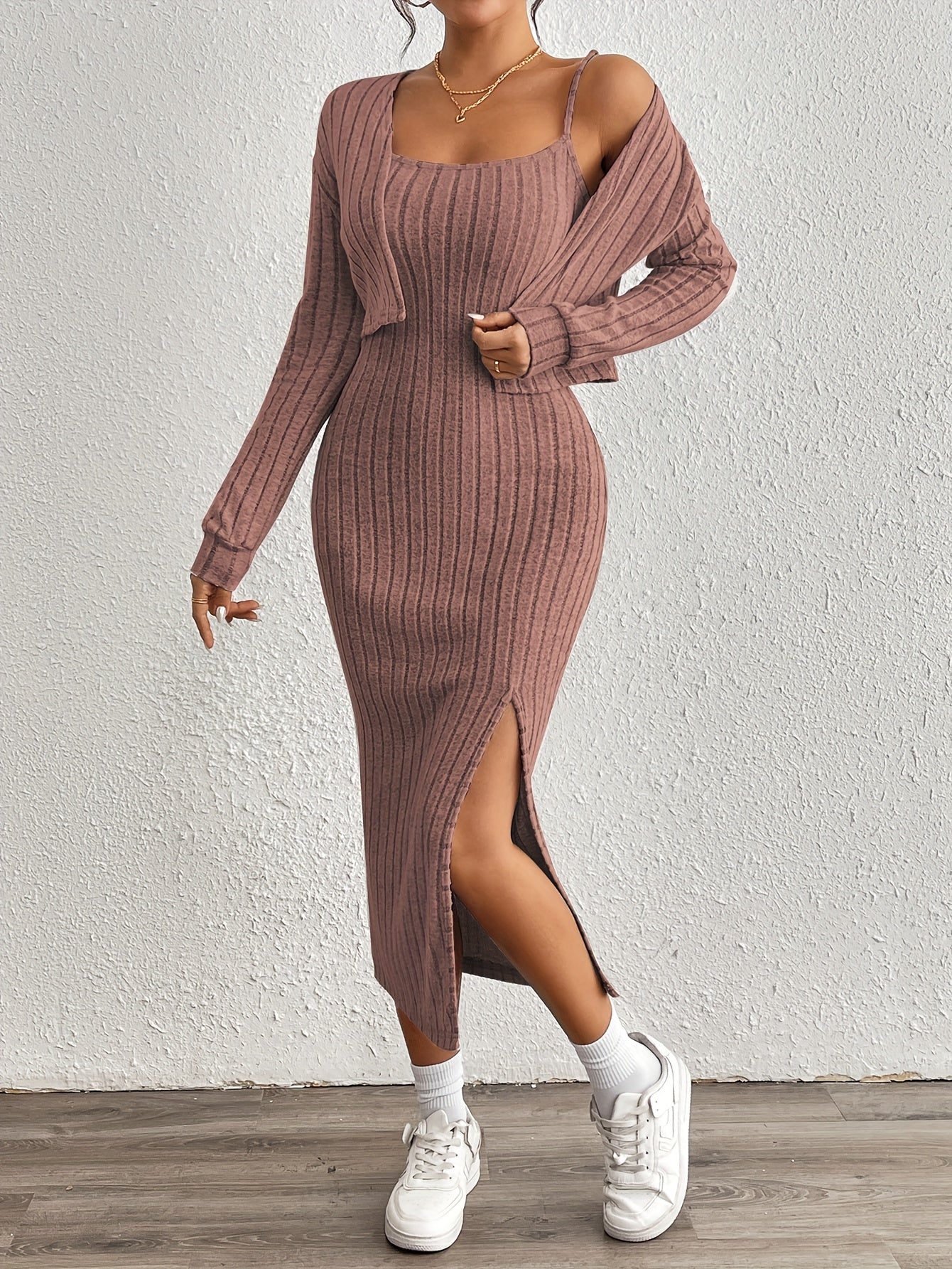 Trendy Aansluitende Midi jurk Set Voor Dames Met Kort Vest En Split