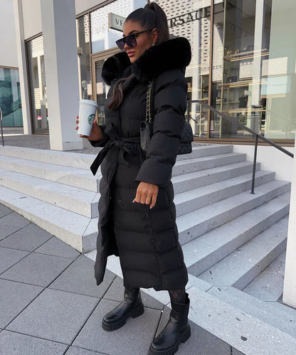 Lange Puffer Winterjas met Capuchon en Bontkraag voor Vrouwen