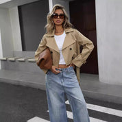 Trendy Short Women's Trench Coat with Buttons and Notched Collar