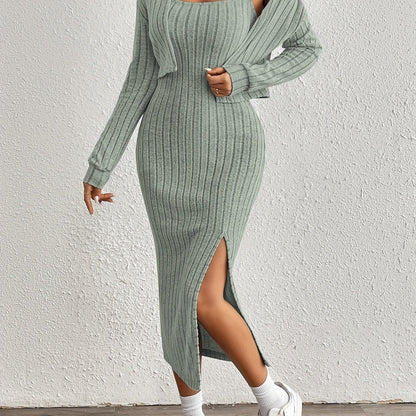 Trendy Aansluitende Midi jurk Set Voor Dames Met Kort Vest En Split