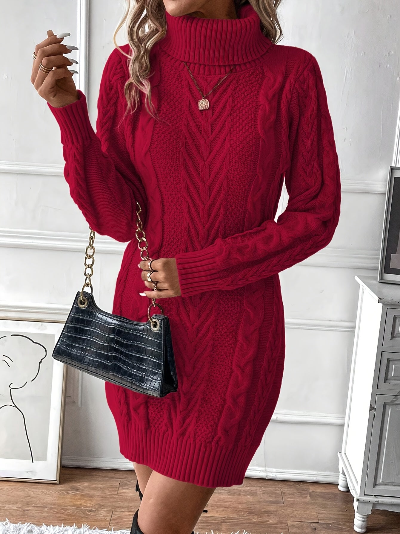 Chique Col Mini Sweaterjurk Voor Vrouwen Met Kabelpatroon