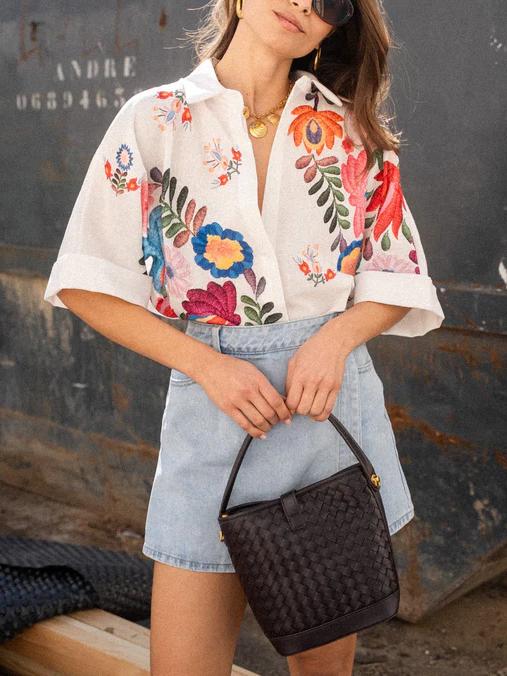 Witte Dames Bloemenprint Blouse Korte Mouw Zomer
