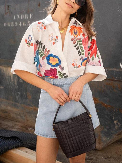 Witte Dames Bloemenprint Blouse Korte Mouw Zomer