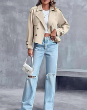 Beige Trench Coat Women Short Classic with Belt and Button Closure