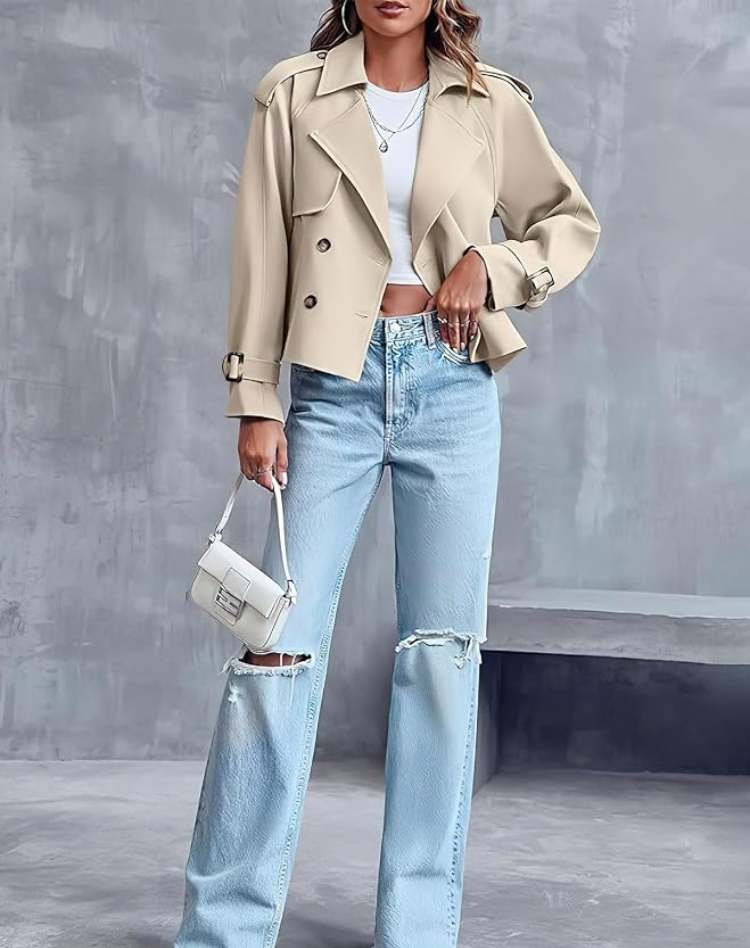 Beige Trench Coat Women Short Classic with Belt and Button Closure