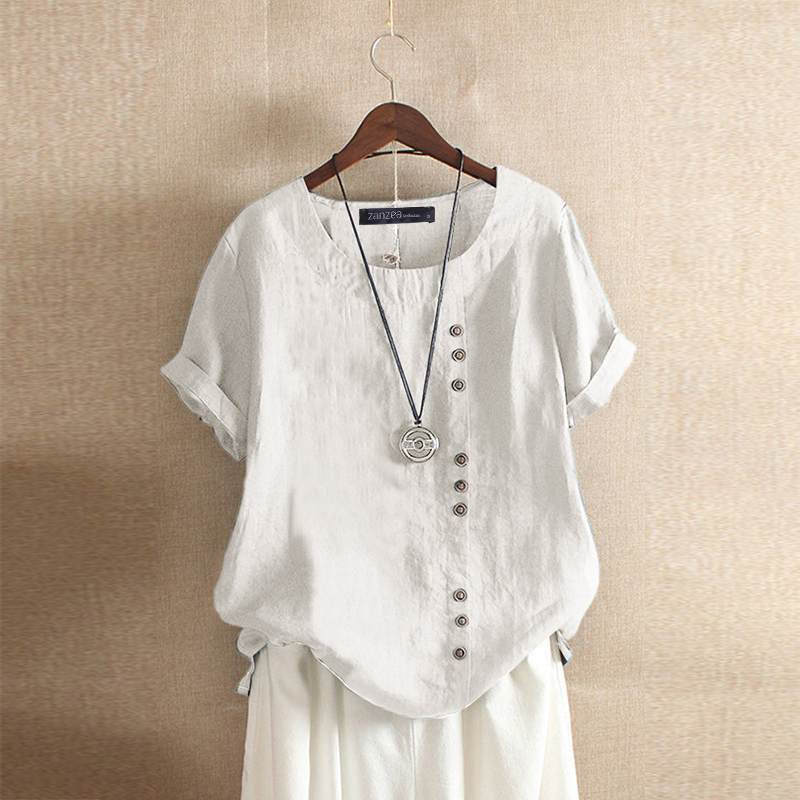 Linen Blouse with Short Sleeves and Button Closure for Women