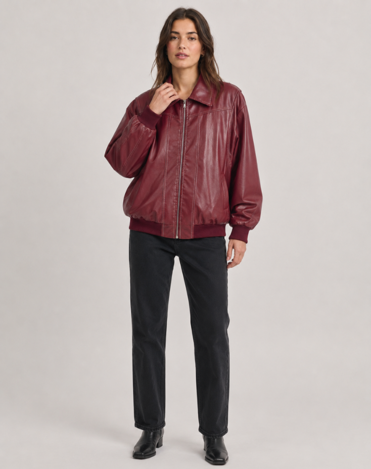 Dames Vintage Bikerjack in Leerlook Oversized Bomberjack