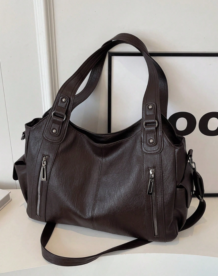 Women’s Leather Shoulder Bag with Zipper Pockets and Double Handles