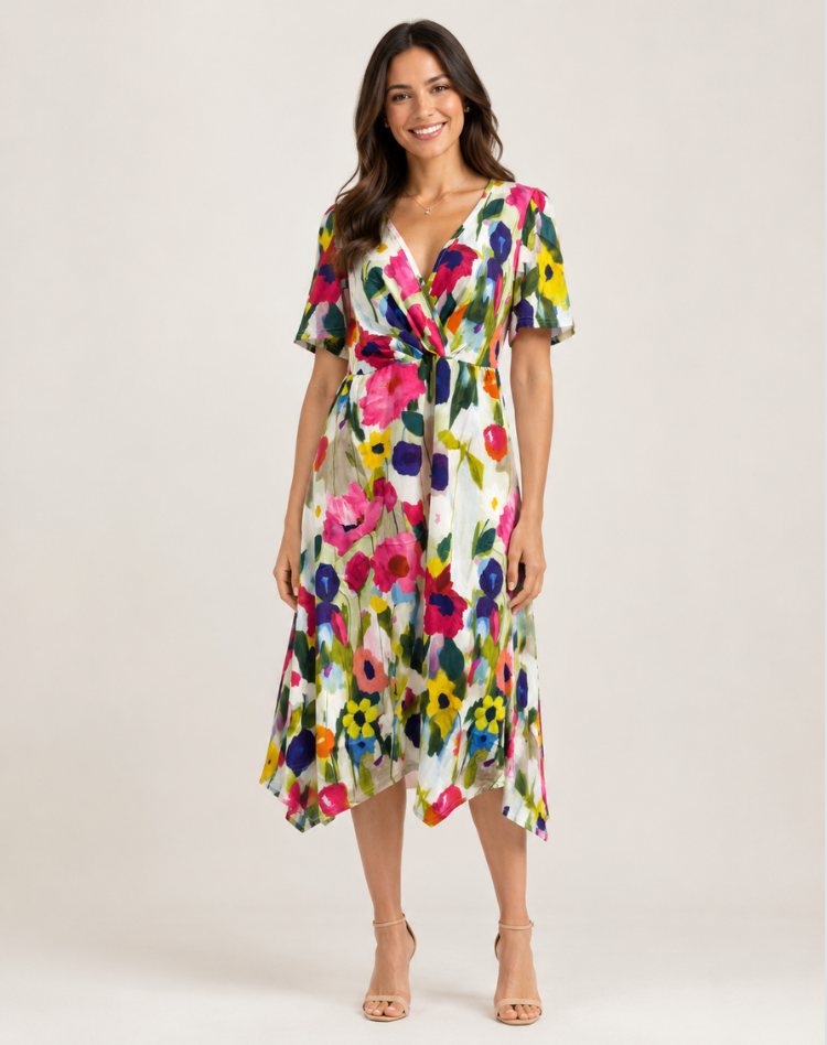 Cocktail Wrap Dress with V-Neck and Print for Women