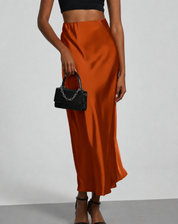 A-Line Satin Look Midi Skirt for Women with Slit and High Waist