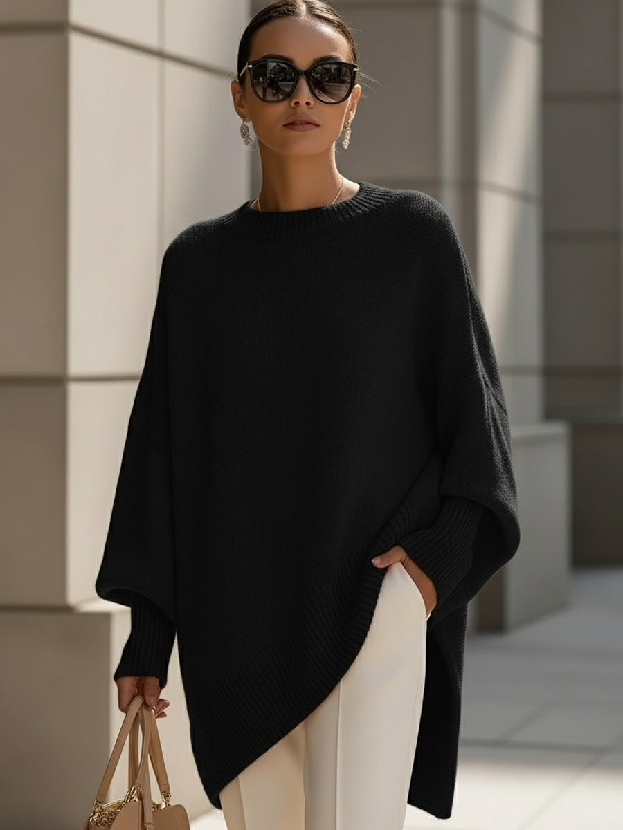 Dames Luxe Gebreide Trui met Ronde Hals en Asymmetrische Zoom