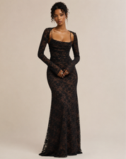 Robe de soirée maxi en dentelle pour femmes avec manches longues et silhouette élégante