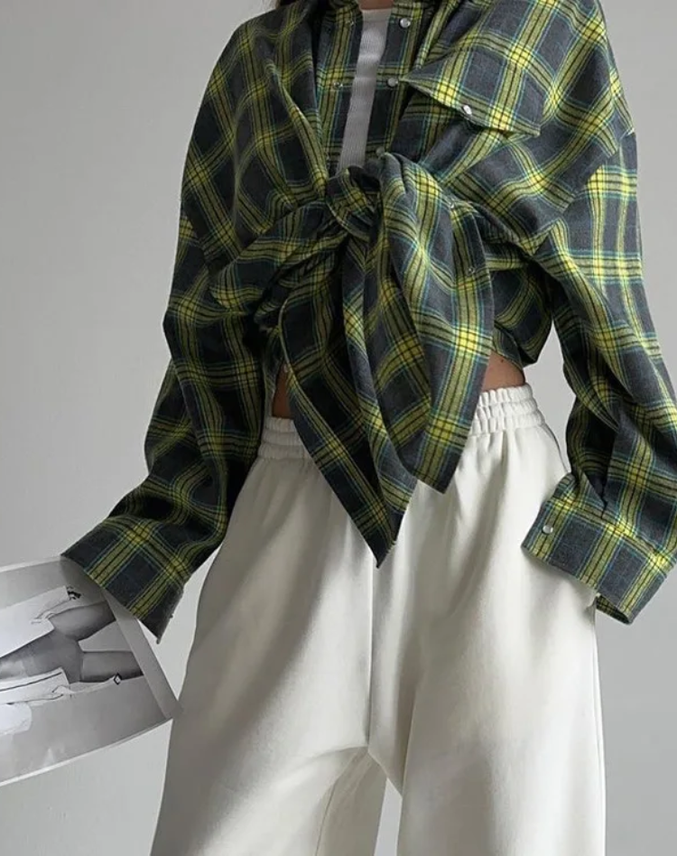 Checked Oversized Blouse with Chest Pocket for Women