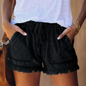 Dames Denim Short Met Trekkoord En Raffelzoom