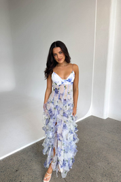 Jildou - Romantische maxi jurk met bloemen en ruches