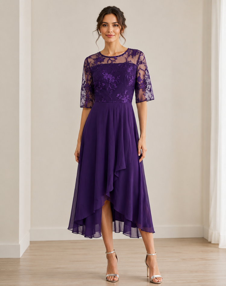 Robe midi élégante femme avec dentelle et coupe fluide confortable