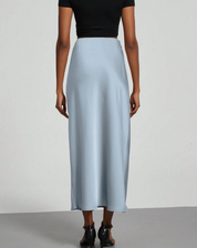 Elegant Satin Look Midi Skirt with High Waist and Smooth Drape
