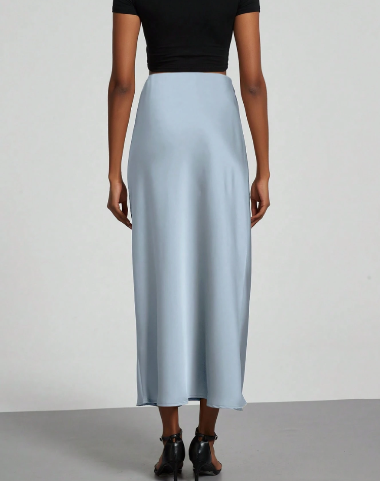 Elegant Satin Look Midi Skirt with High Waist and Smooth Drape