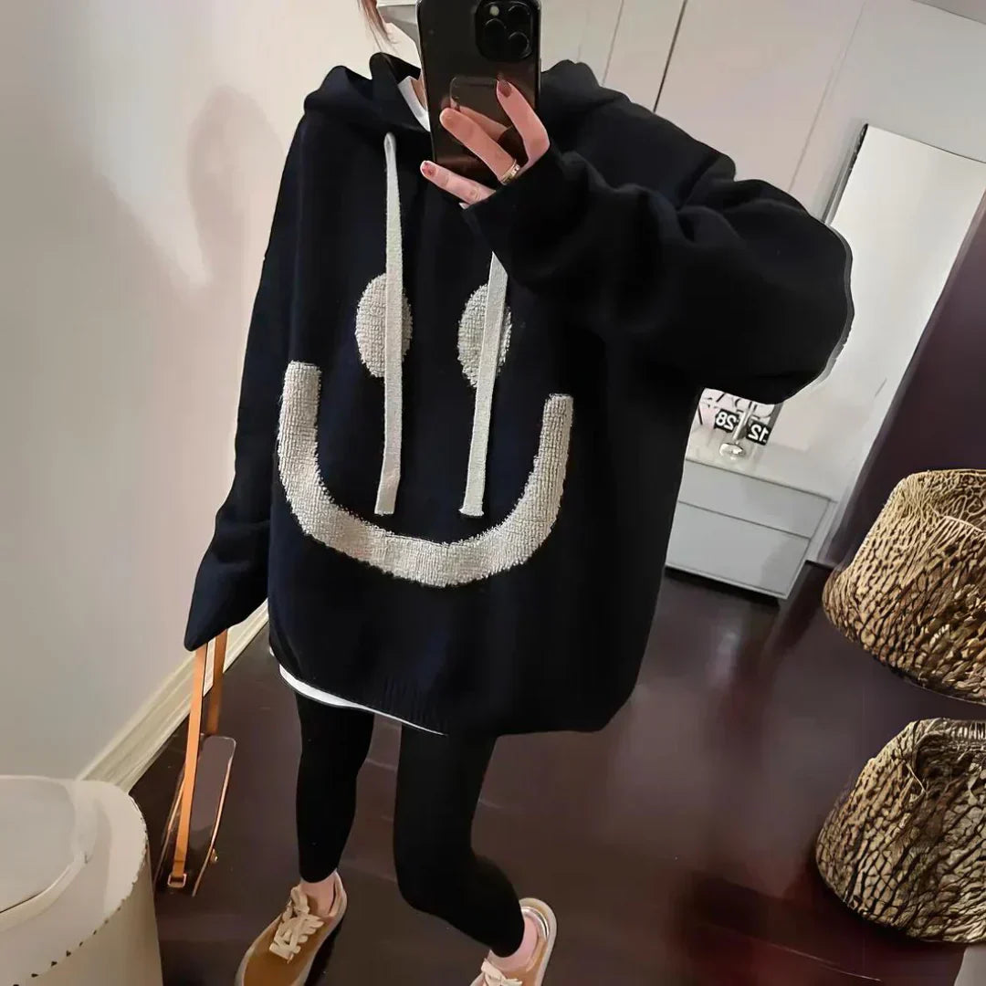 Oversized Smiley Hoodie Gebreide Trui met Capuchon Zacht en Warm