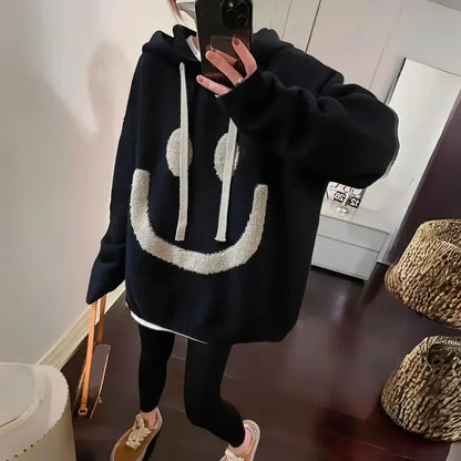 Oversized Smiley Hoodie Gebreide Trui met Capuchon Zacht en Warm