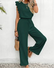 Elegante Dames Jumpsuit met Kanten Mouwen en Wijde Pijpen