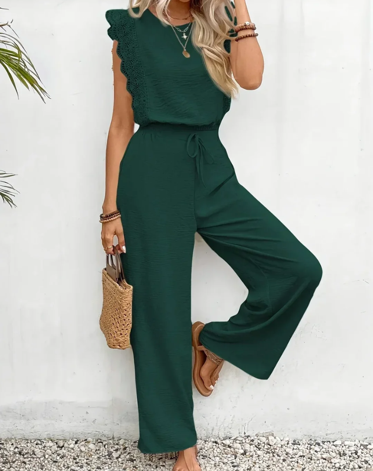 Elegante Dames Jumpsuit met Kanten Mouwen en Wijde Pijpen