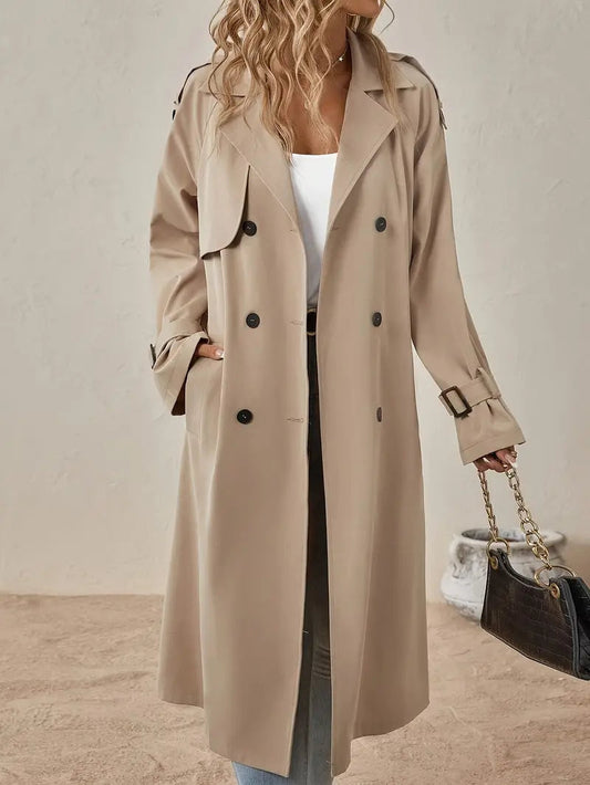 Beige Midi Trenchcoat Dubbelrijig Met Ceintuur Voor Dames